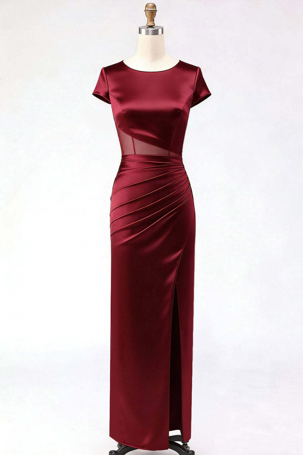 Burgundy Round Neck Mermaid Satin Long Mother of the Brides Dress with Slit