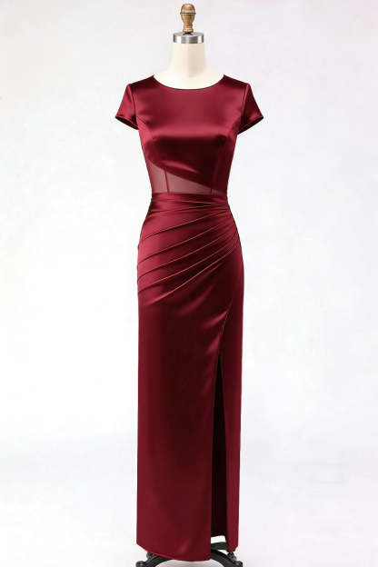 Burgundy Round Neck Mermaid Satin Long Mother of the Brides Dress with Slit