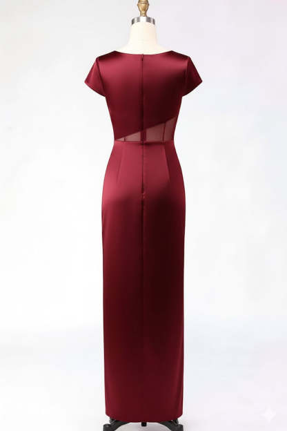 Burgundy Round Neck Mermaid Satin Long Mother of the Brides Dress with Slit