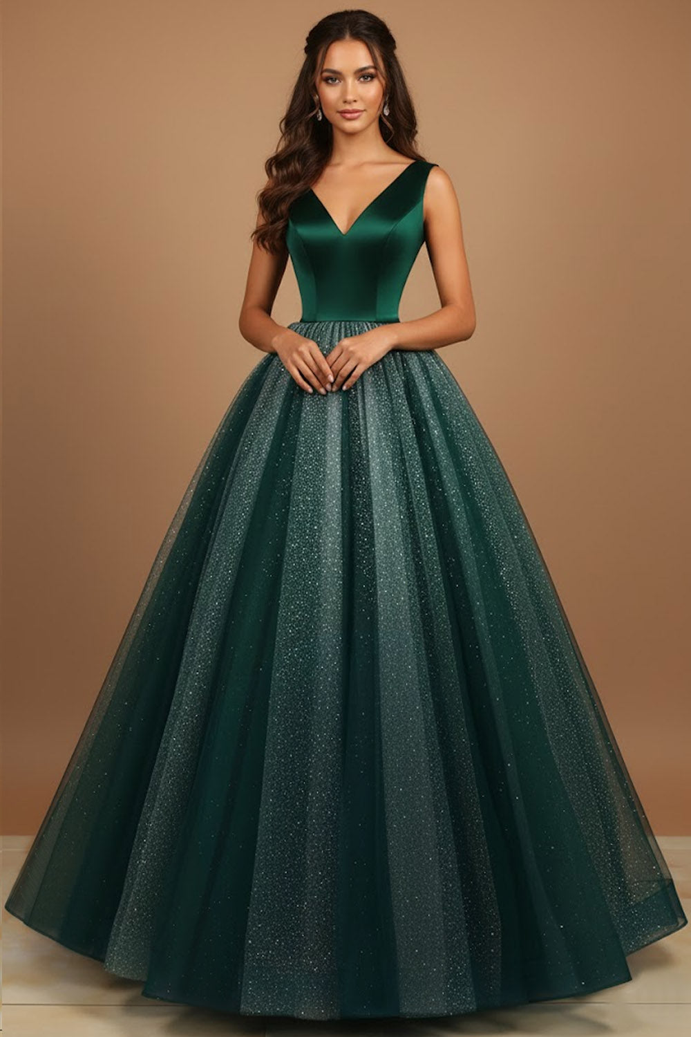 Leely Women Glitter Emerald Green Ball Gown Long Prom Dress Tulle V-Neck Pageant Dress