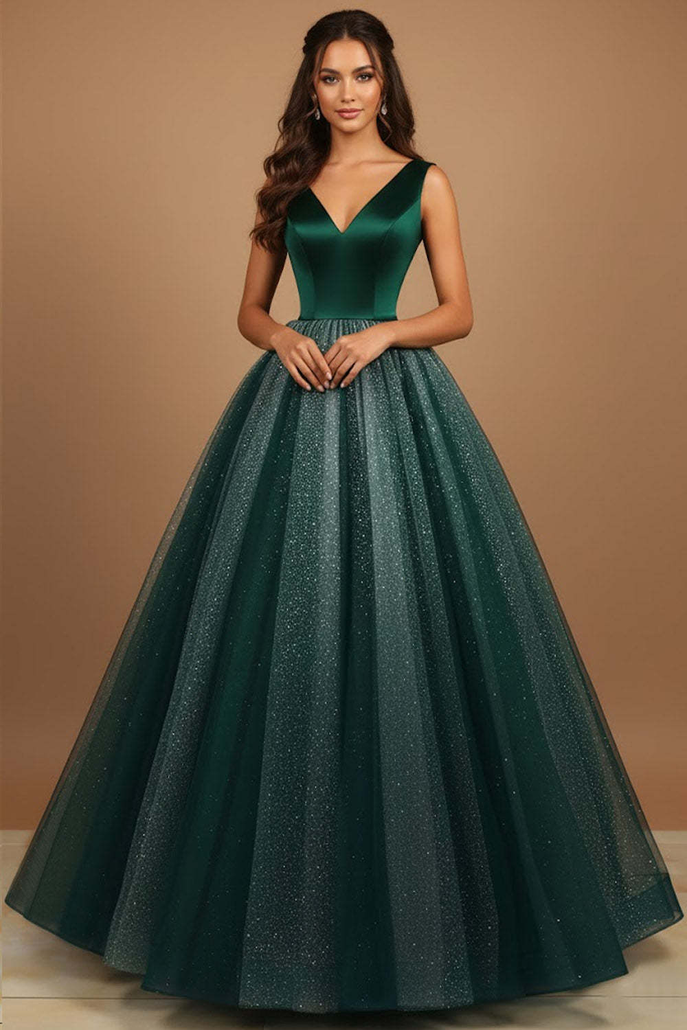 Leely Women Glitter Emerald Green Ball Gown Long Prom Dress Tulle V-Neck Pageant Dress