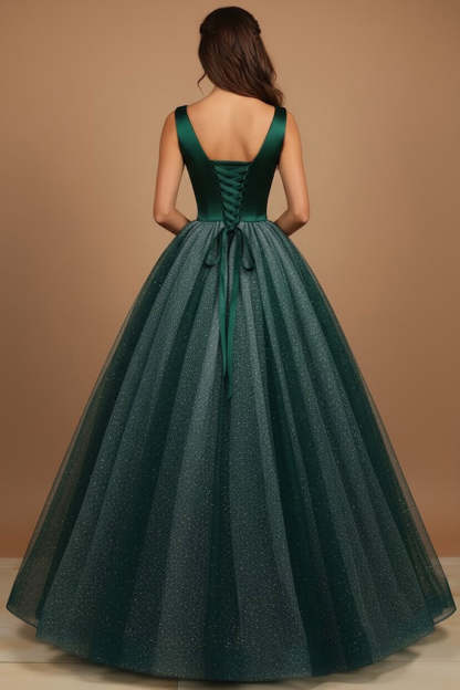 Glitter Emerald Green Tulle Ball Gown Long Prom Dress