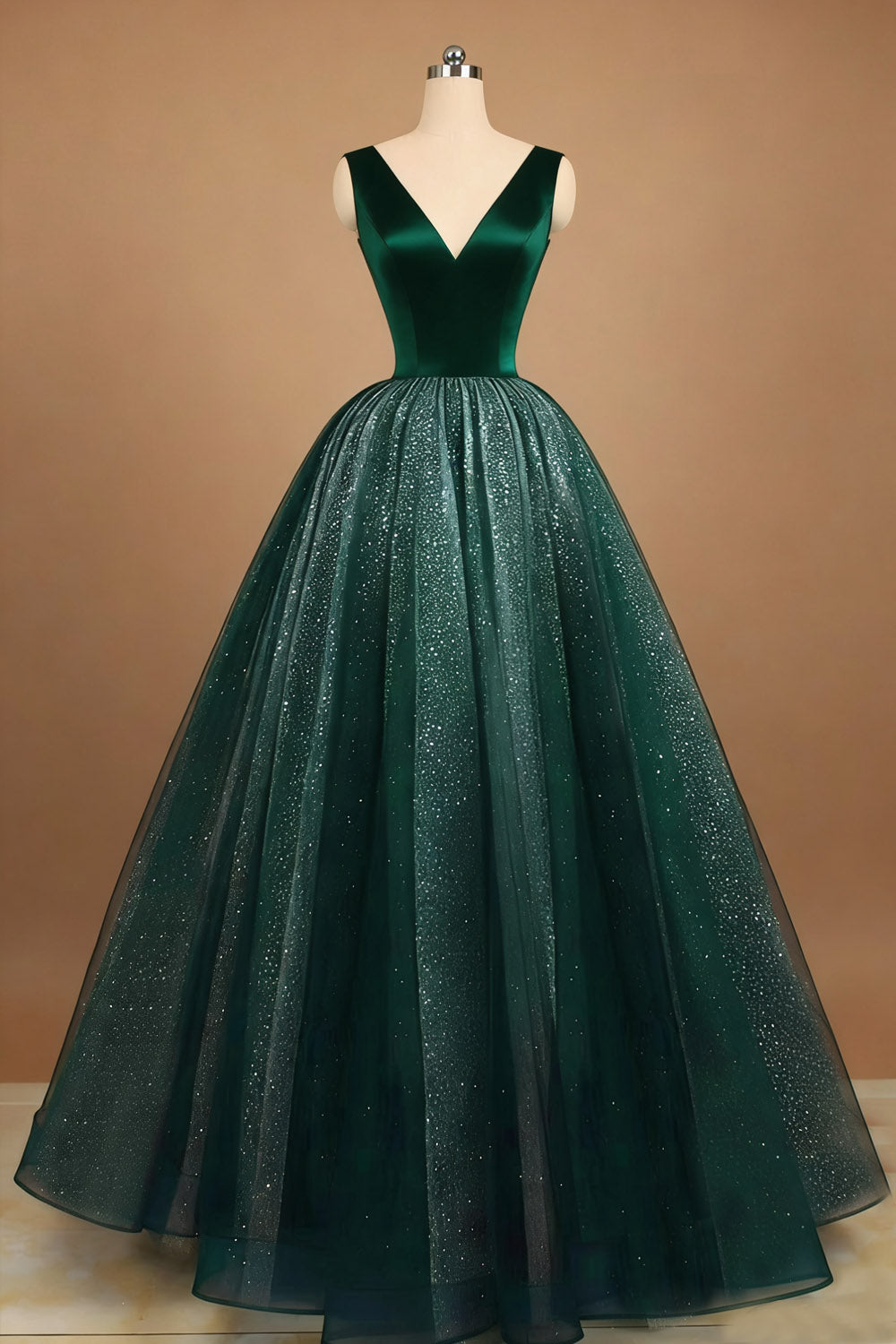 Glitter Emerald Green Tulle Ball Gown Long Prom Dress