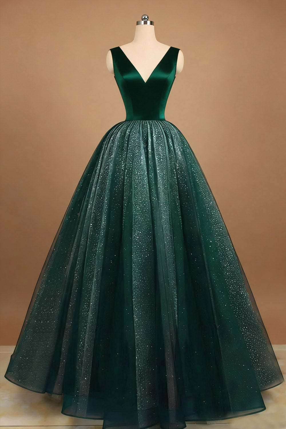 Glitter Emerald Green Tulle Ball Gown Long Prom Dress
