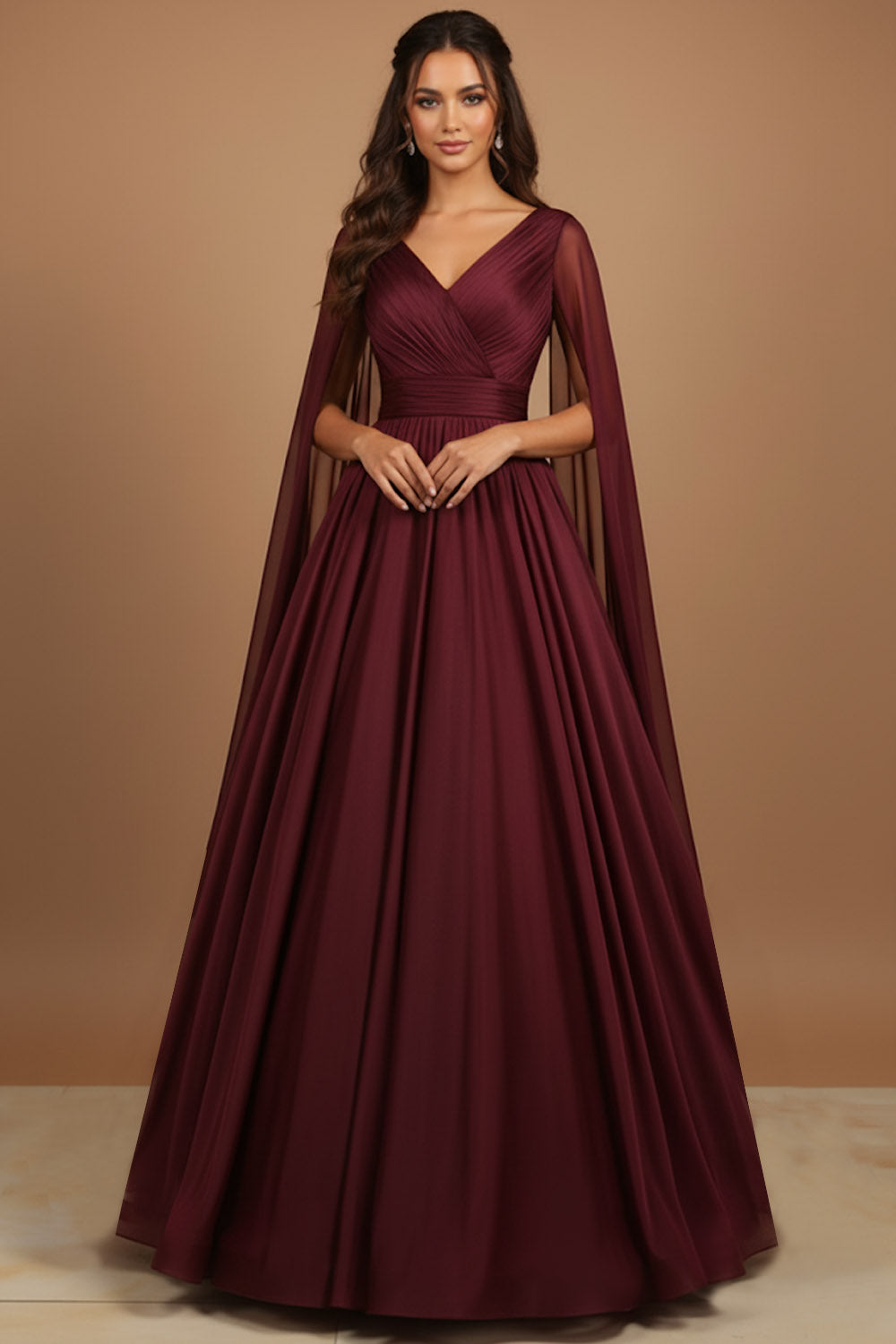 Leely Women Burgundy V-Neck Satin Long Formal Dress with Side Cape A Line Ruched Tulle Evening Dress with Sleeves