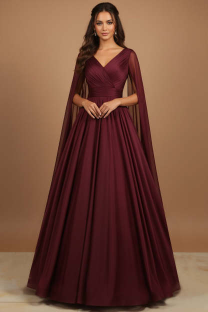 Leely Women Burgundy V-Neck Satin Long Formal Dress with Side Cape A Line Ruched Tulle Evening Dress with Sleeves