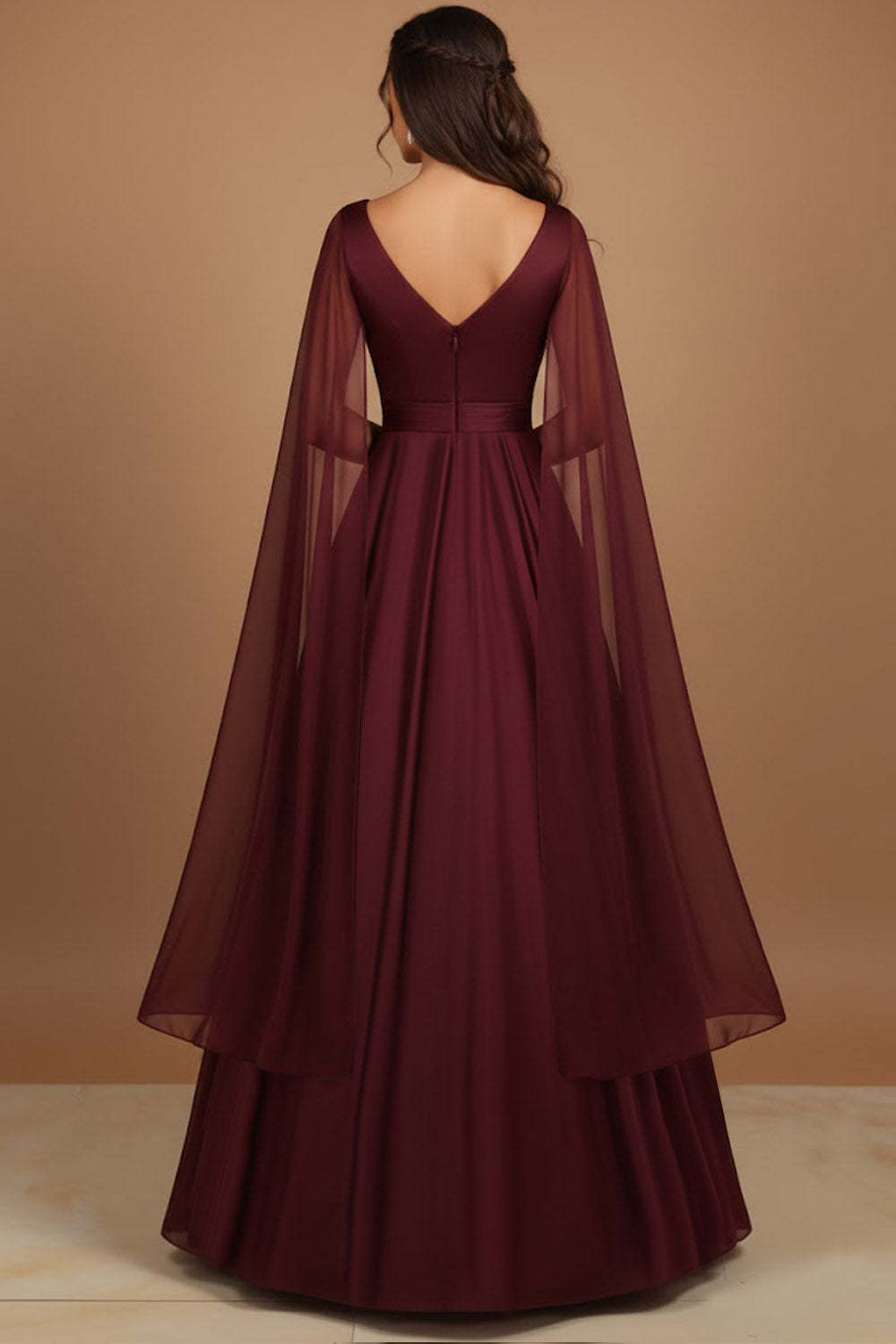 Burgundy V-Neck A Line Satin Long Formal Dress with Side Cape