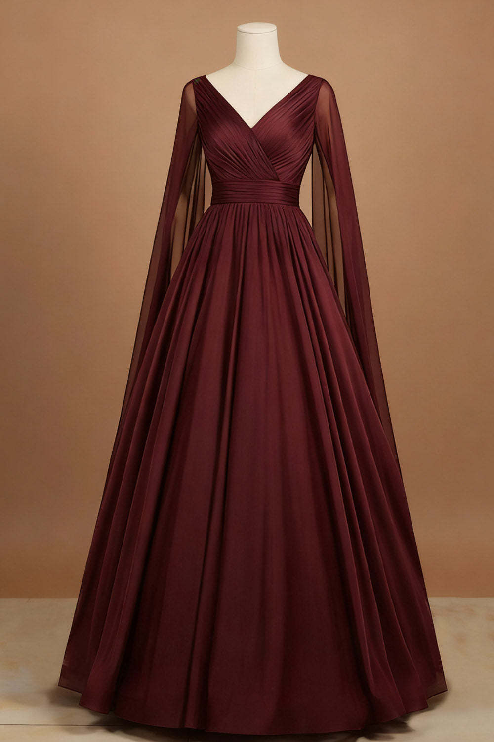 Burgundy V-Neck A Line Satin Long Formal Dress with Side Cape