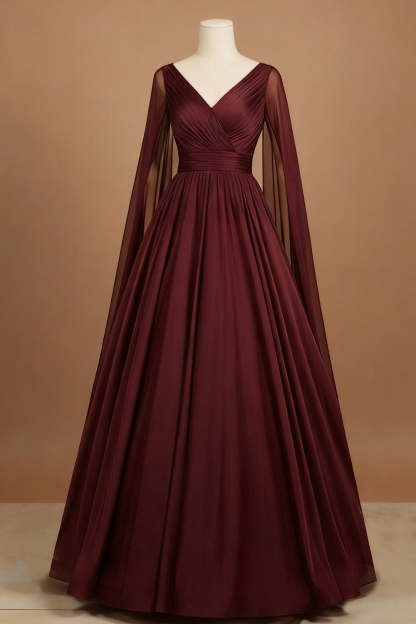 Burgundy V-Neck A Line Satin Long Formal Dress with Side Cape