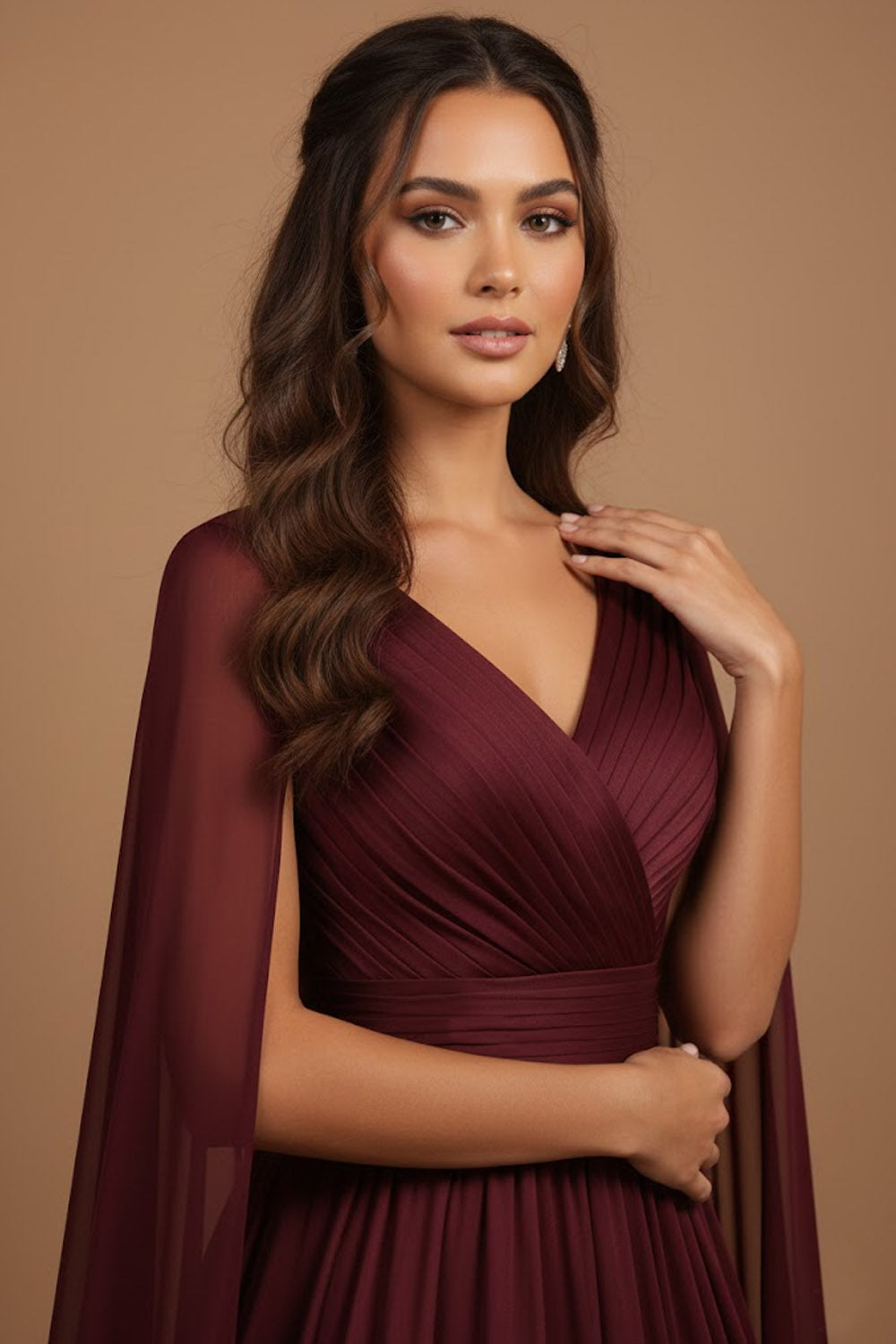 Burgundy V-Neck A Line Satin Long Formal Dress with Side Cape