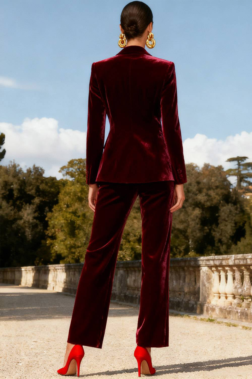 Burgundy 2 Piece Single Breasted Velvet Holiday Party Suits