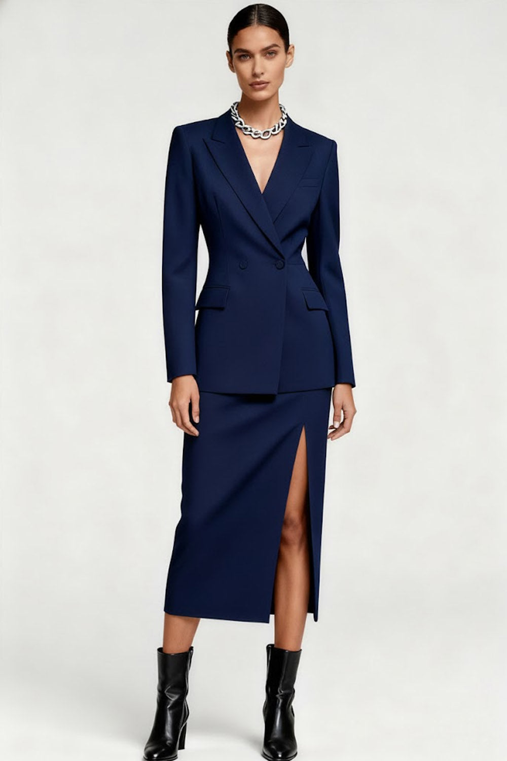 2 Piece Navy Double Breasted Midi Pencil Business Suits with Sleeves