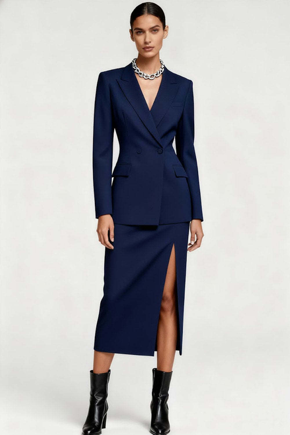 Leely Women 2 Piece Navy Midi Pencil Business Suits with Sleeves Peak Lapel Double Breasted Work Dress
