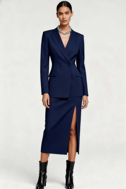 Leely Women 2 Piece Navy Midi Pencil Business Suits with Sleeves Peak Lapel Double Breasted Work Dress