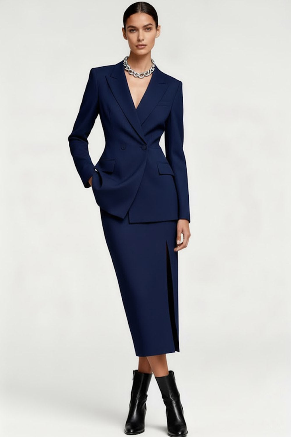 2 Piece Navy Double Breasted Midi Pencil Business Suits with Sleeves