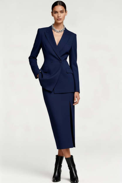 2 Piece Navy Double Breasted Midi Pencil Business Suits with Sleeves