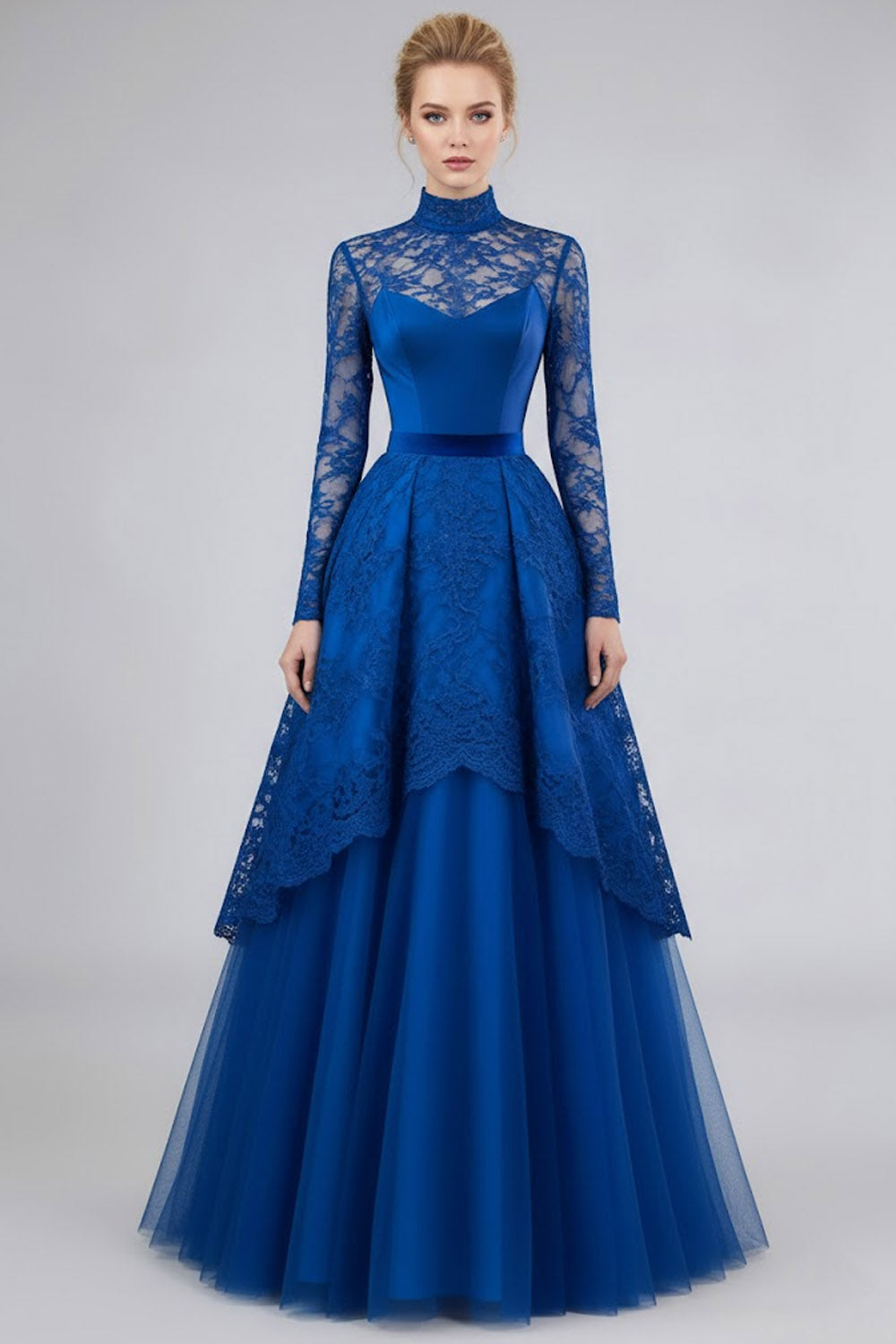 Leely Women Blue High Neck Long Evening Dress with Lace Tulle A Line Formal Dress