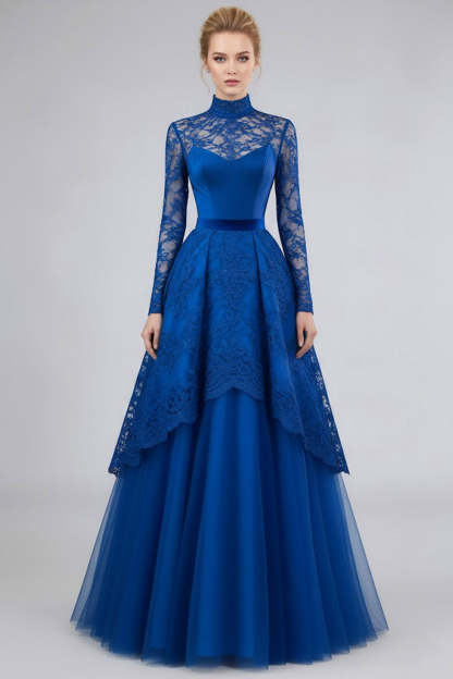 Leely Women Blue High Neck Long Evening Dress with Lace Tulle A Line Formal Dress