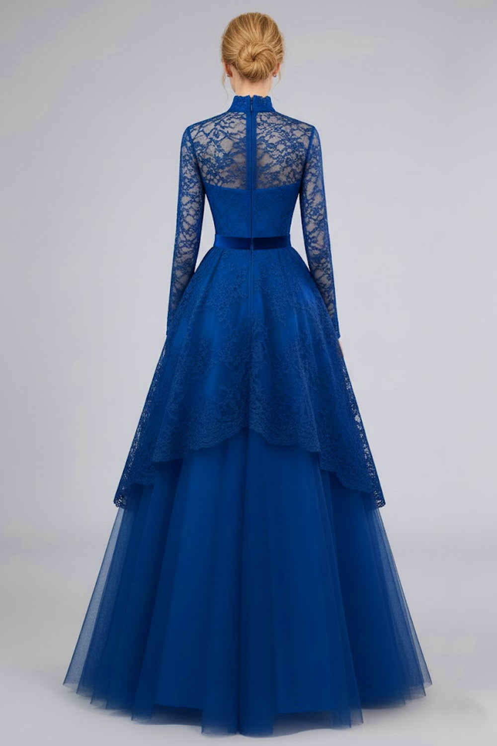 Blue High Neck A Line Tulle Long Evening Dress with Lace