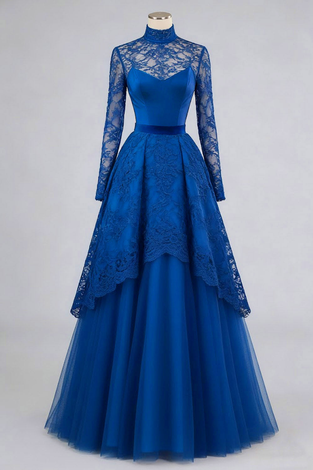 Blue High Neck A Line Tulle Long Evening Dress with Lace