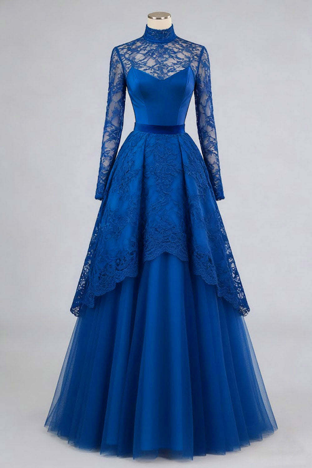 Blue High Neck A Line Tulle Long Evening Dress with Lace
