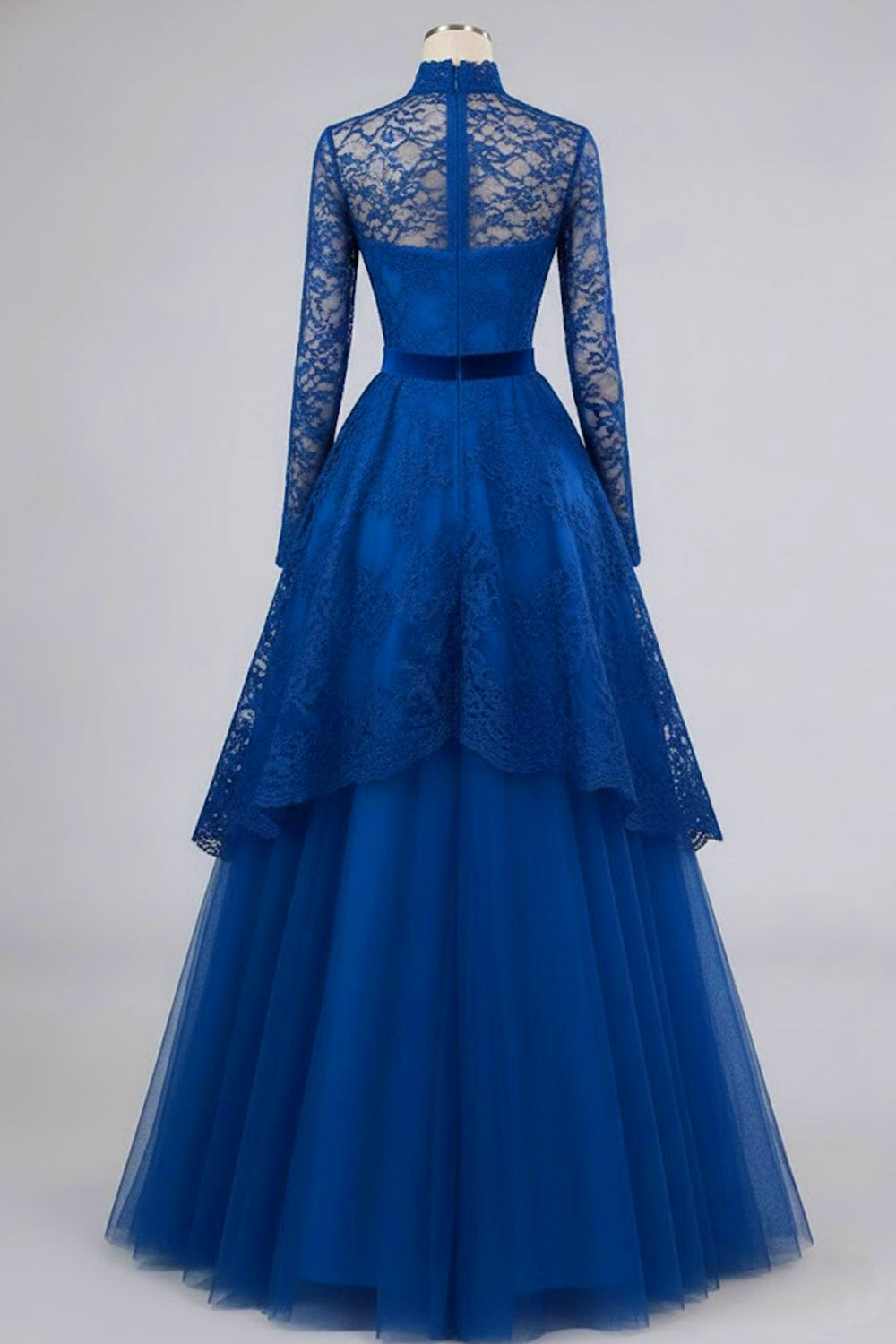 Blue High Neck A Line Tulle Long Evening Dress with Lace