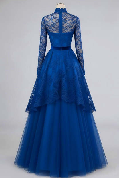 Blue High Neck A Line Tulle Long Evening Dress with Lace
