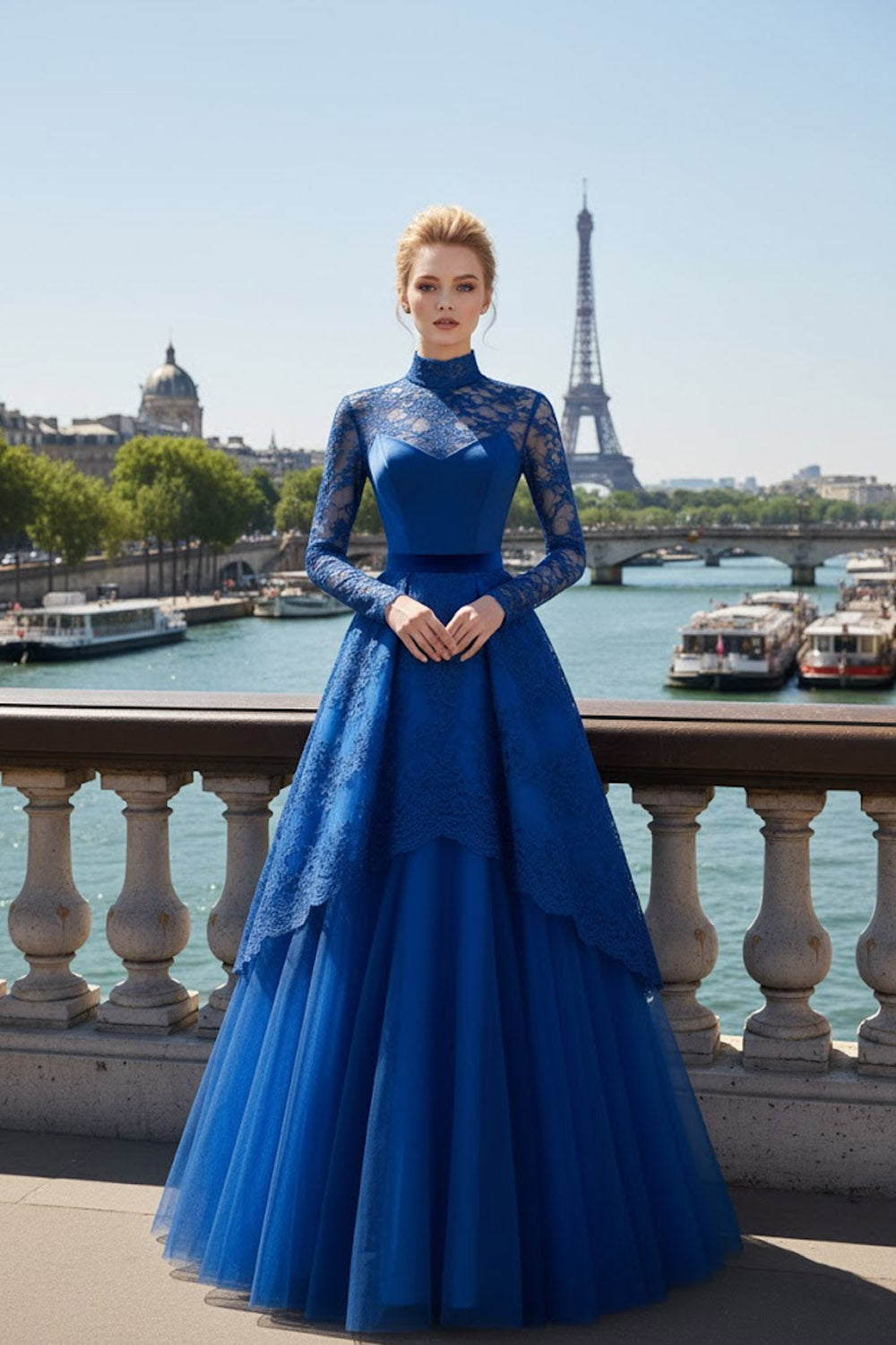 Blue High Neck A Line Tulle Long Evening Dress with Lace