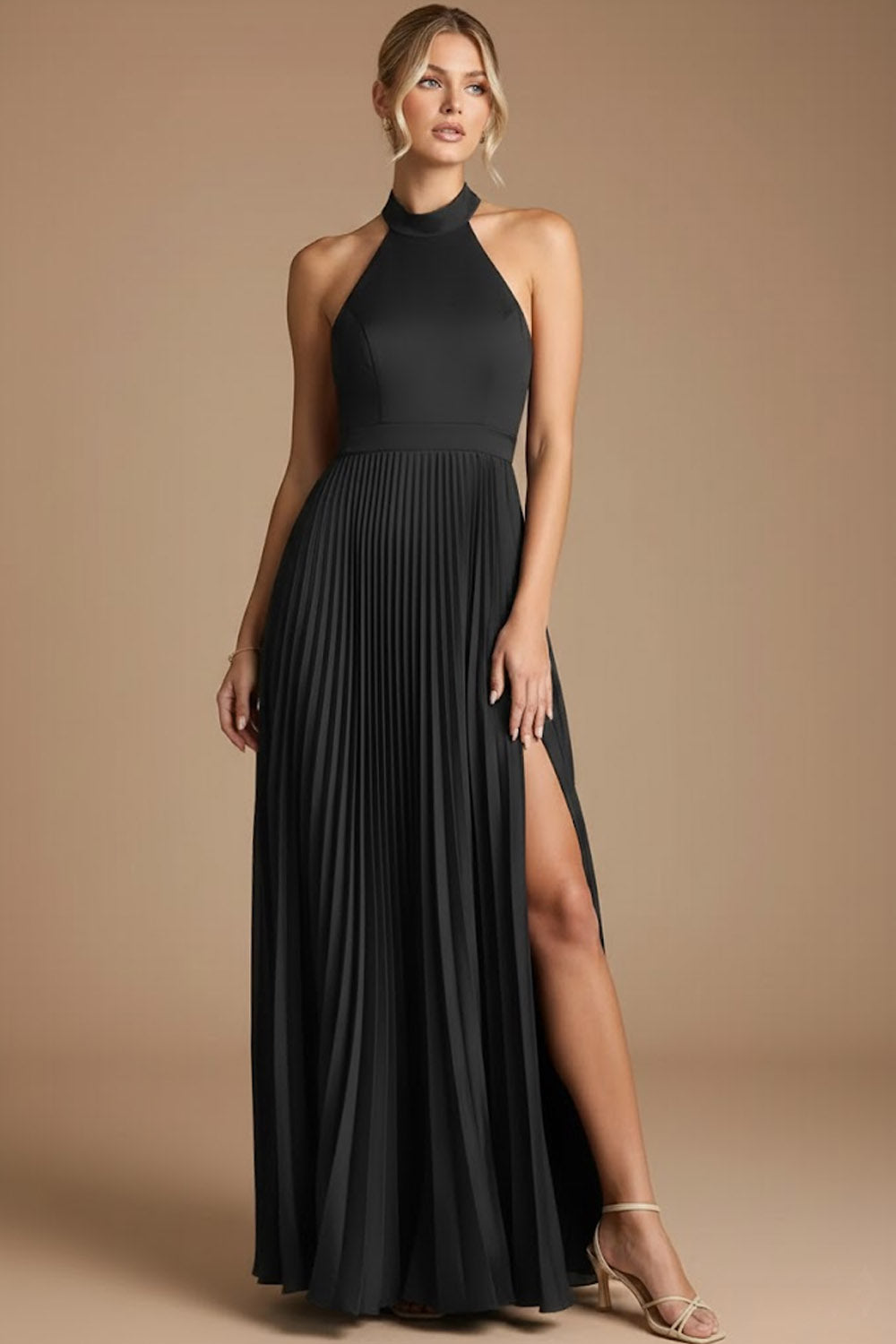Leely Women Black A Line Long Formal Dress with Slit Pleated Backless Halter Evening Dress