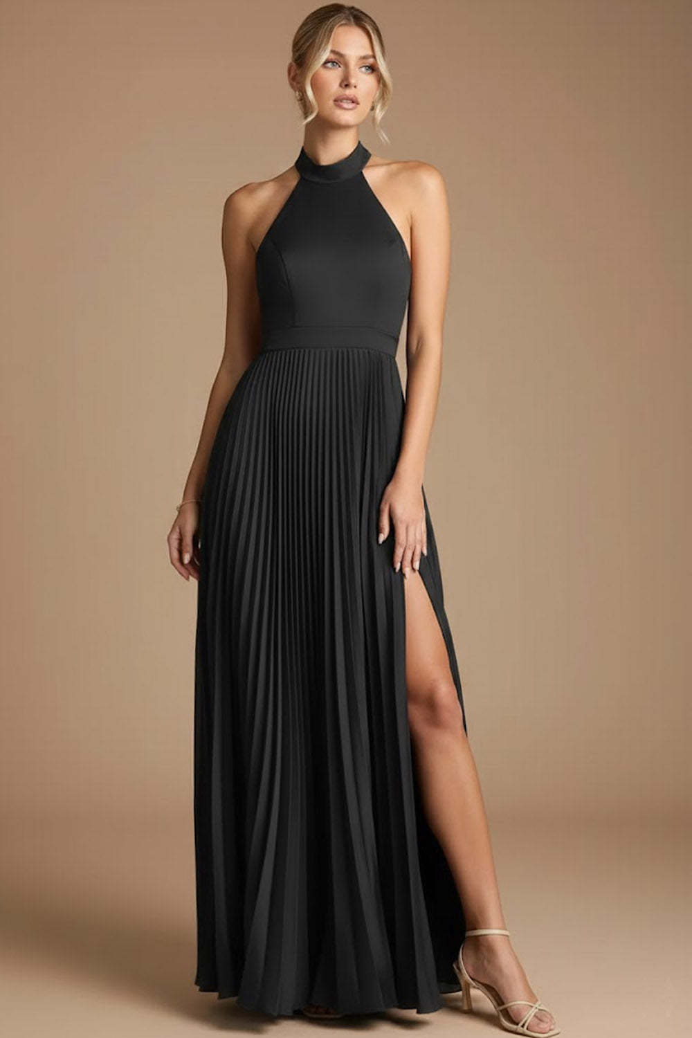 Leely Women Black A Line Long Formal Dress with Slit Pleated Backless Halter Evening Dress
