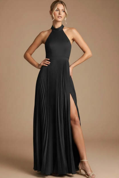 Black Halter A Line Long Formal Dress with Slit
