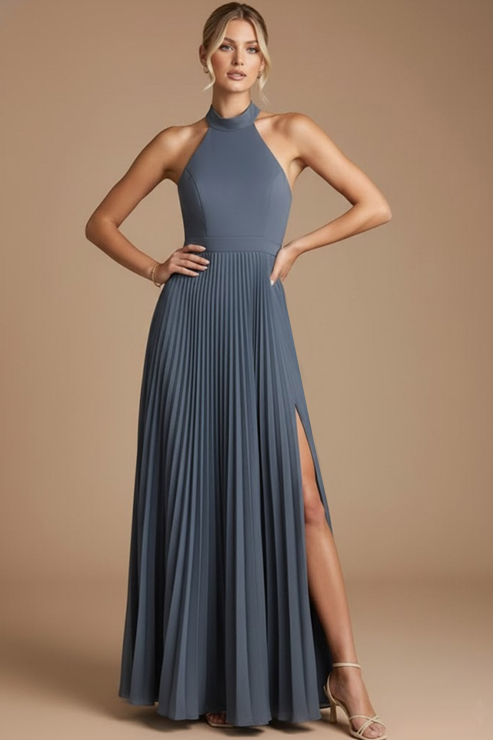 Black Halter A Line Long Formal Dress with Slit