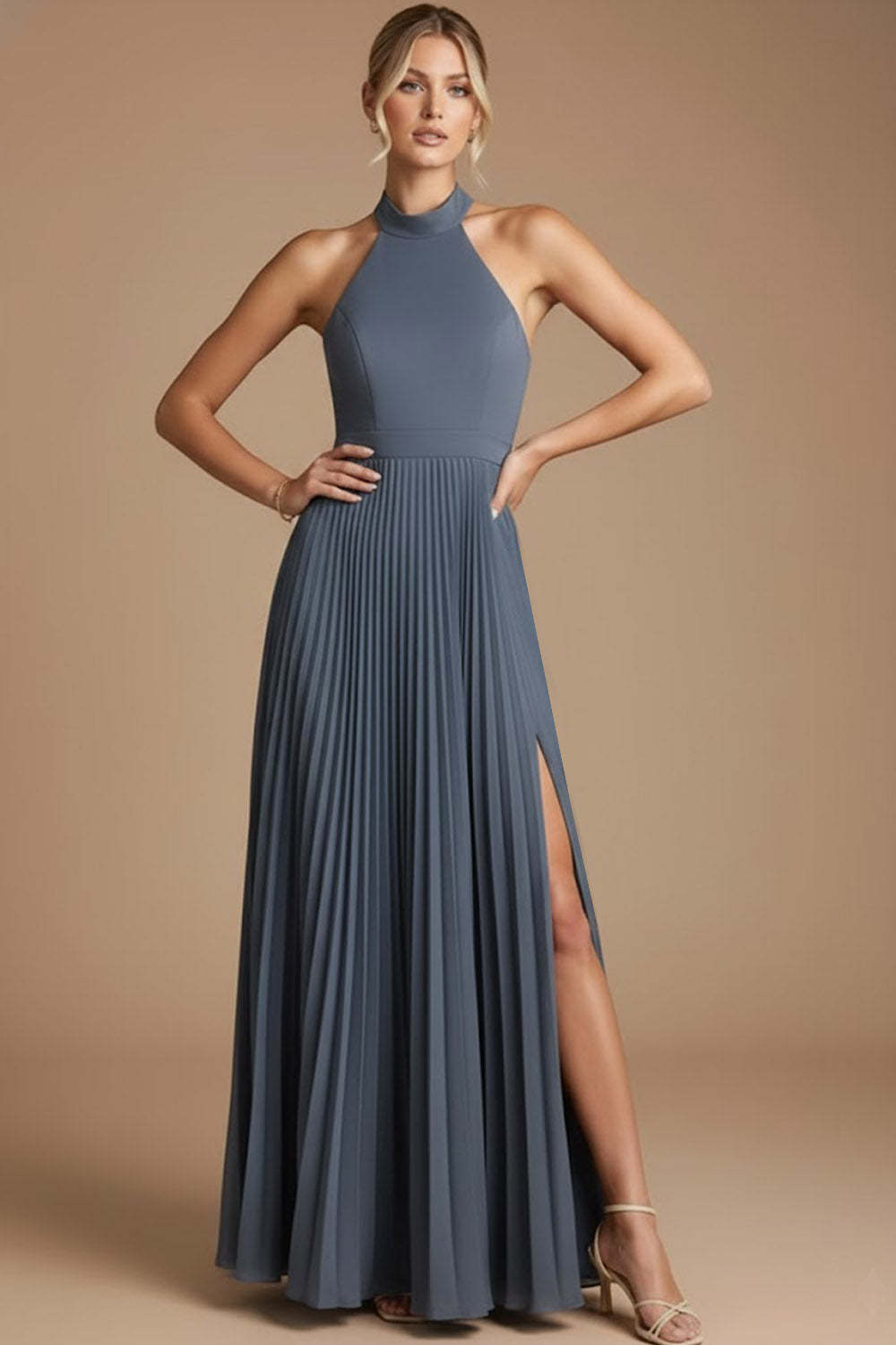 Black Halter A Line Long Formal Dress with Slit