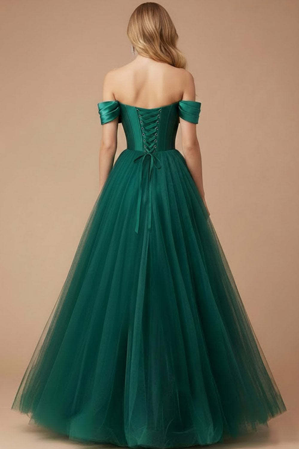 Emerald Green Tulle Ball Gown Corset Long Prom Dress