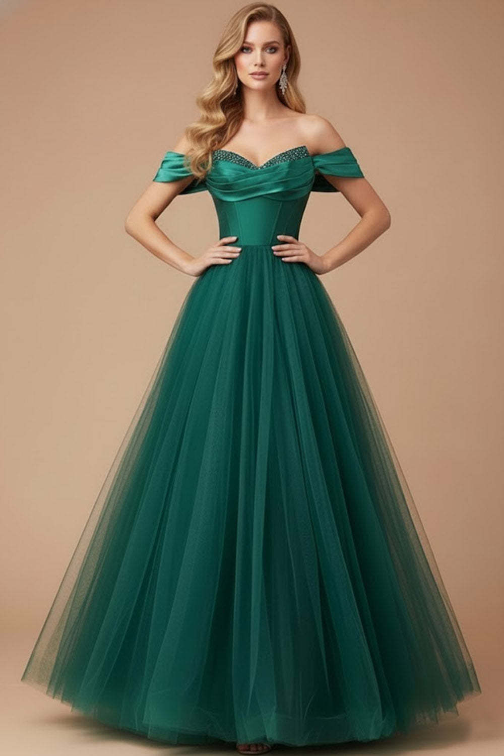 Leely Women Emerald Green Tulle Corset Ruched Long Prom Dress Ball Gown A Line Off the Shoulder Pageant Dress with Beading