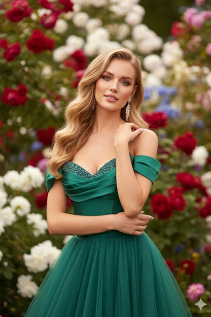 Emerald Green Tulle Ball Gown Corset Long Prom Dress