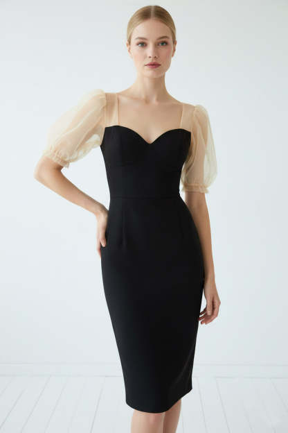 Black Bodycon Backless Sweetheart Midi Cocktail Dress with Sleeves