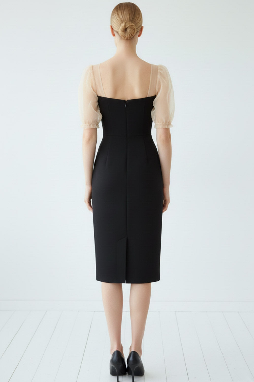 Black Bodycon Backless Sweetheart Midi Cocktail Dress with Sleeves