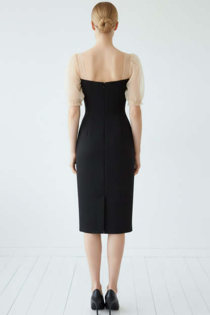 Black Bodycon Backless Sweetheart Midi Cocktail Dress with Sleeves