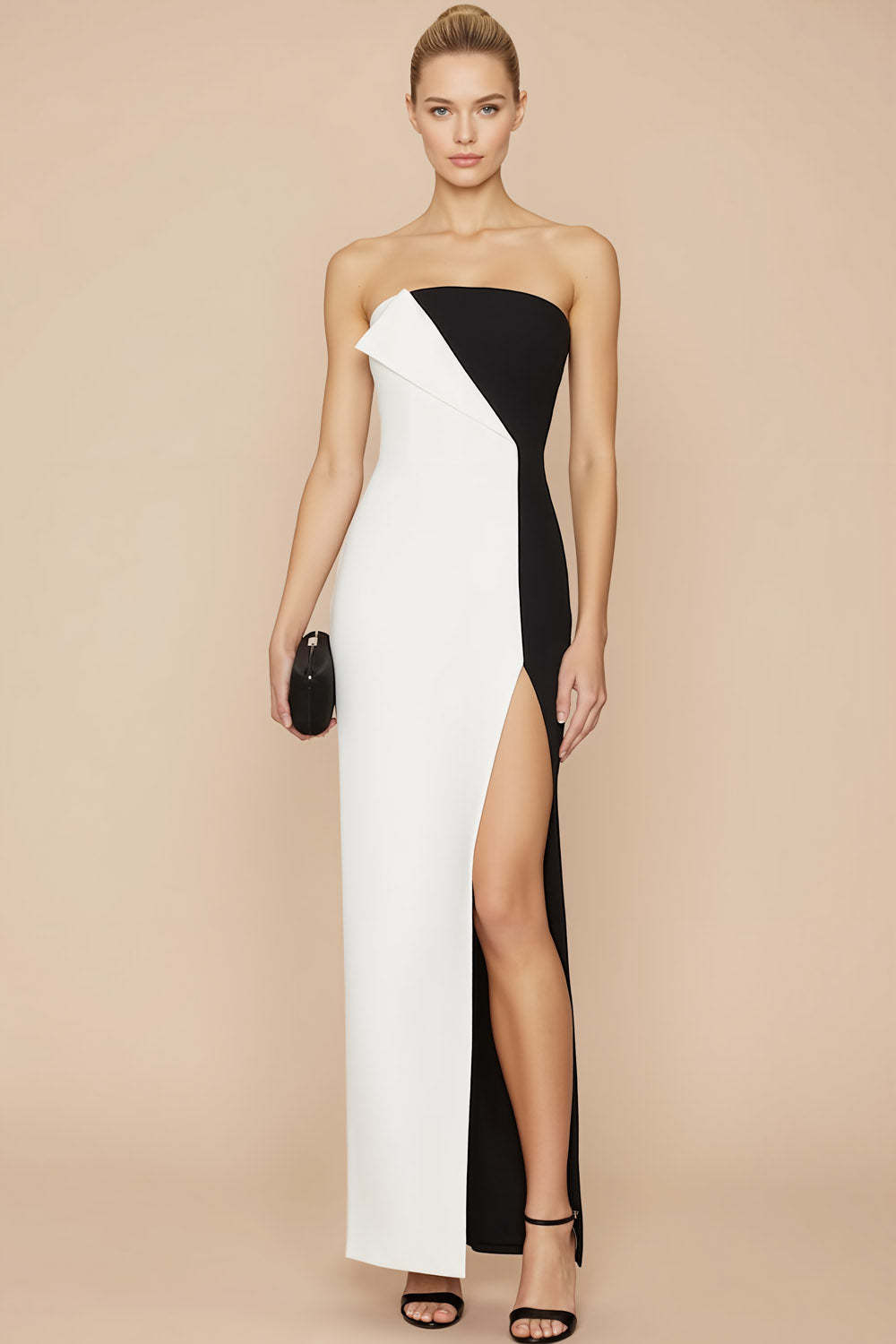 Leely Women White and Black Strapless Long Formal Dress with Slit Sheath Backless Evening Dress
