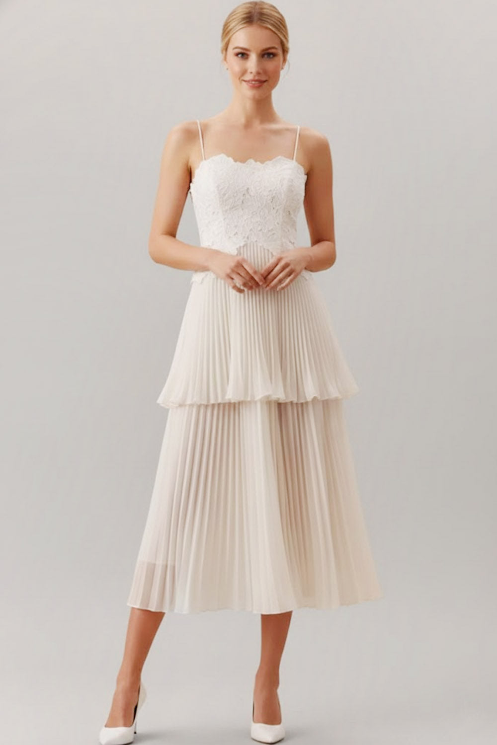 Leely Women White A Line Midi Bridal Dress Spaghetti Straps Backless Pleated Engagement Dress