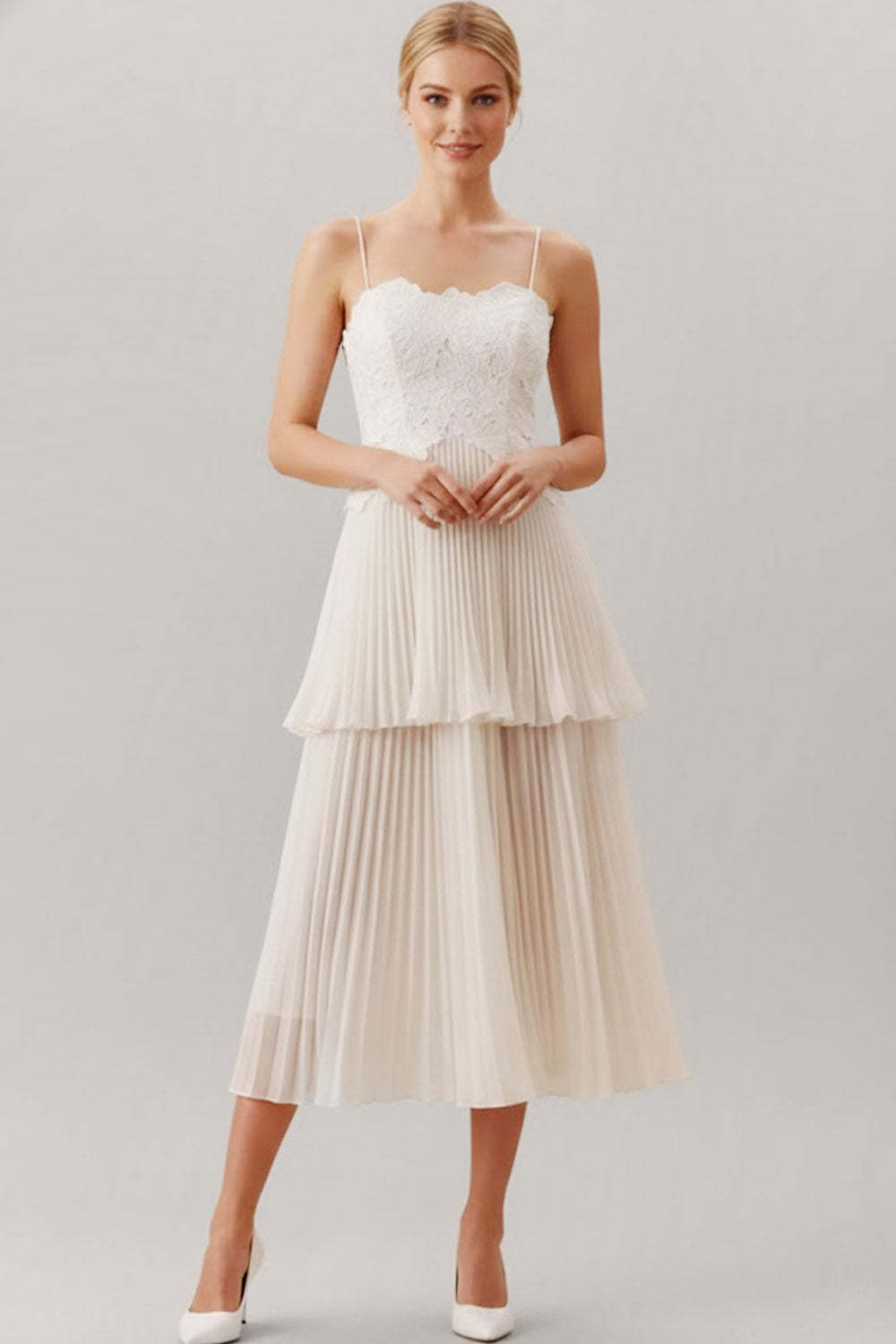 Leely Women White A Line Midi Bridal Dress Spaghetti Straps Backless Pleated Engagement Dress