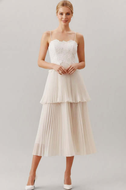 Leely Women White A Line Midi Bridal Dress Spaghetti Straps Backless Pleated Engagement Dress