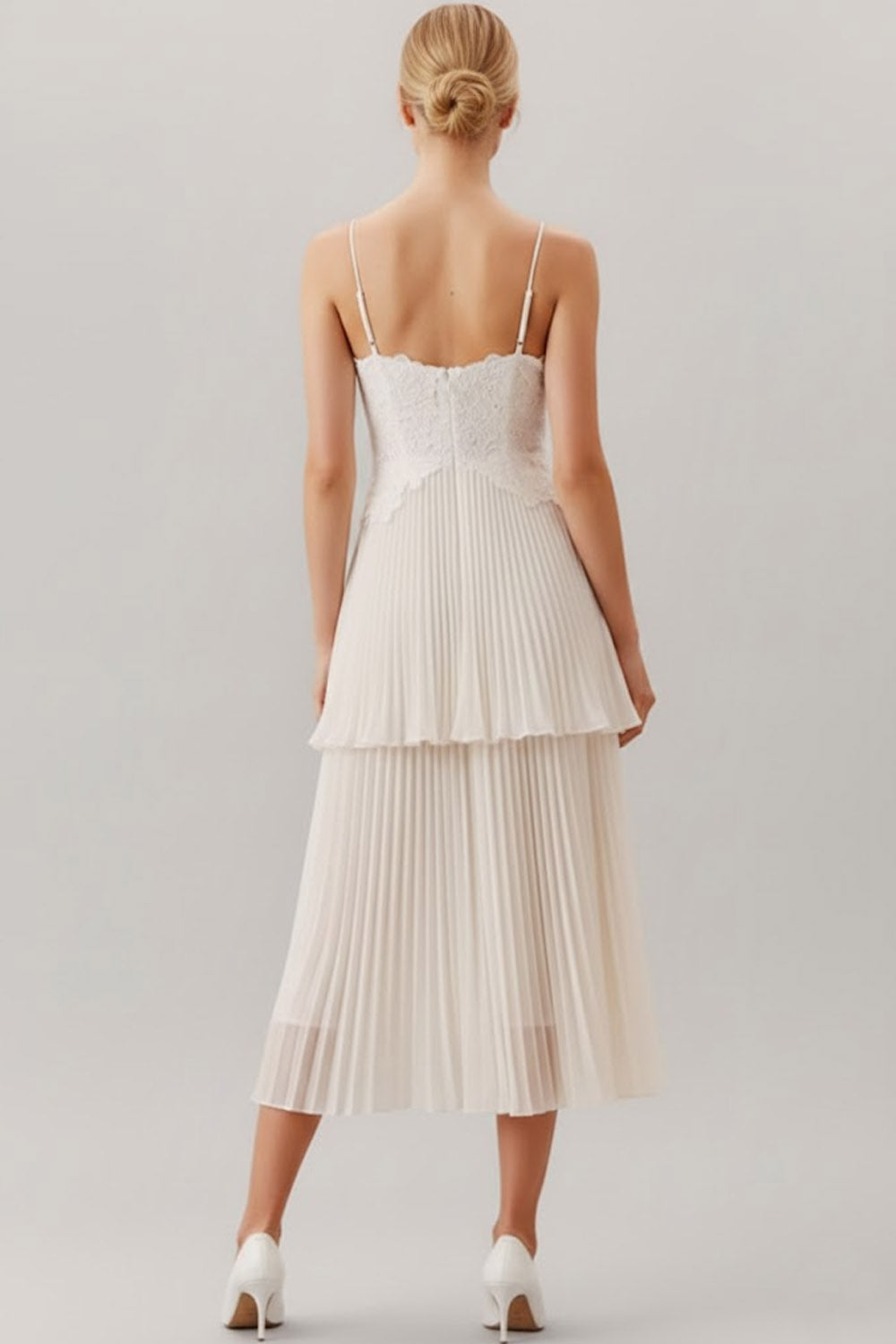 White A Line Spaghetti Straps Pleated Backless Midi Bridal Dress