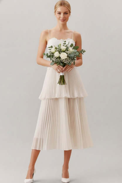 White A Line Spaghetti Straps Pleated Backless Midi Bridal Dress