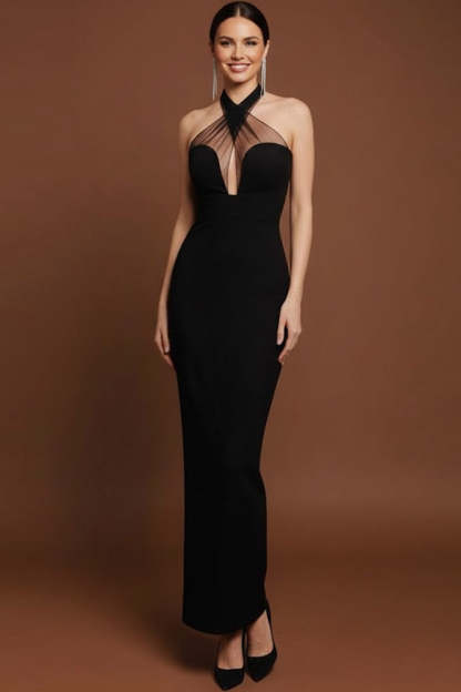 Leely Women Black Halter Long Formal Dress Sheath Keyhole Evening Dress with Tulle