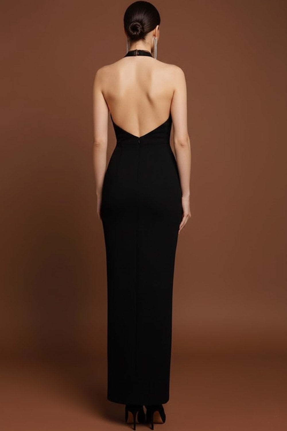 Black Halter Sheath Keyhole Long Formal Dress