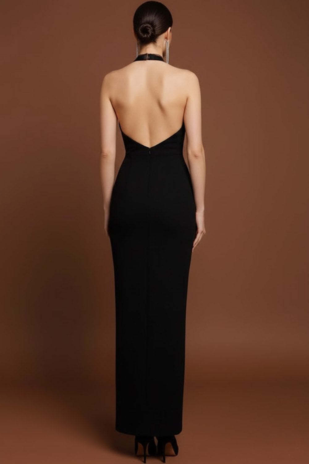 Black Halter Sheath Keyhole Long Formal Dress