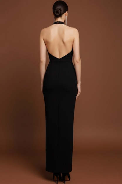 Black Halter Sheath Keyhole Long Formal Dress