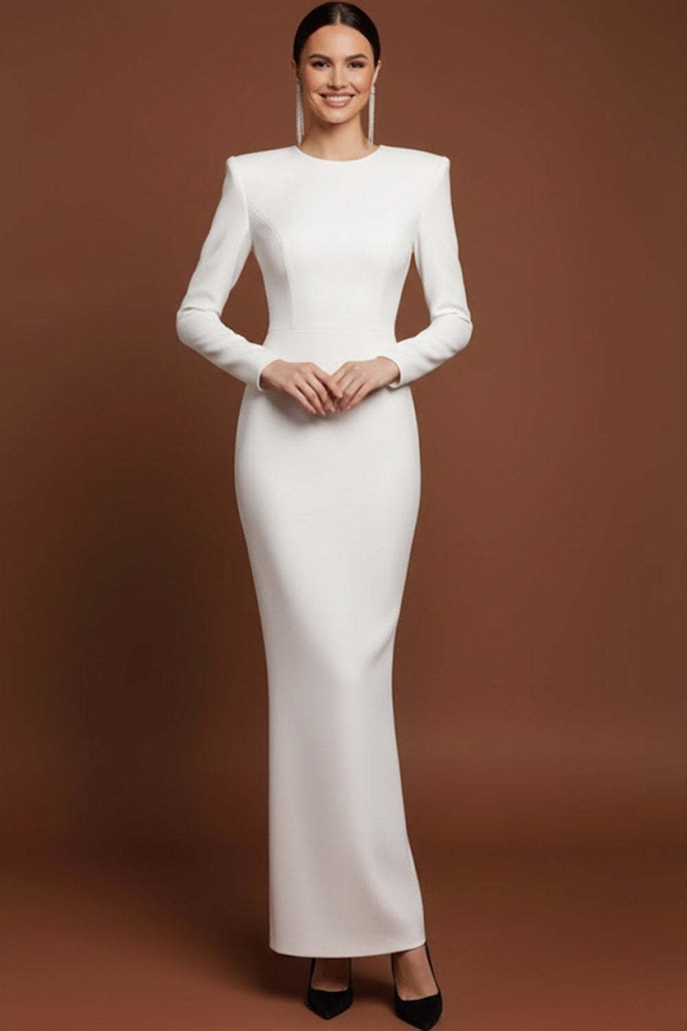 Leely Women White Maxi Formal Dress with Sleeves Crew Neck Mermaid Evening Dress